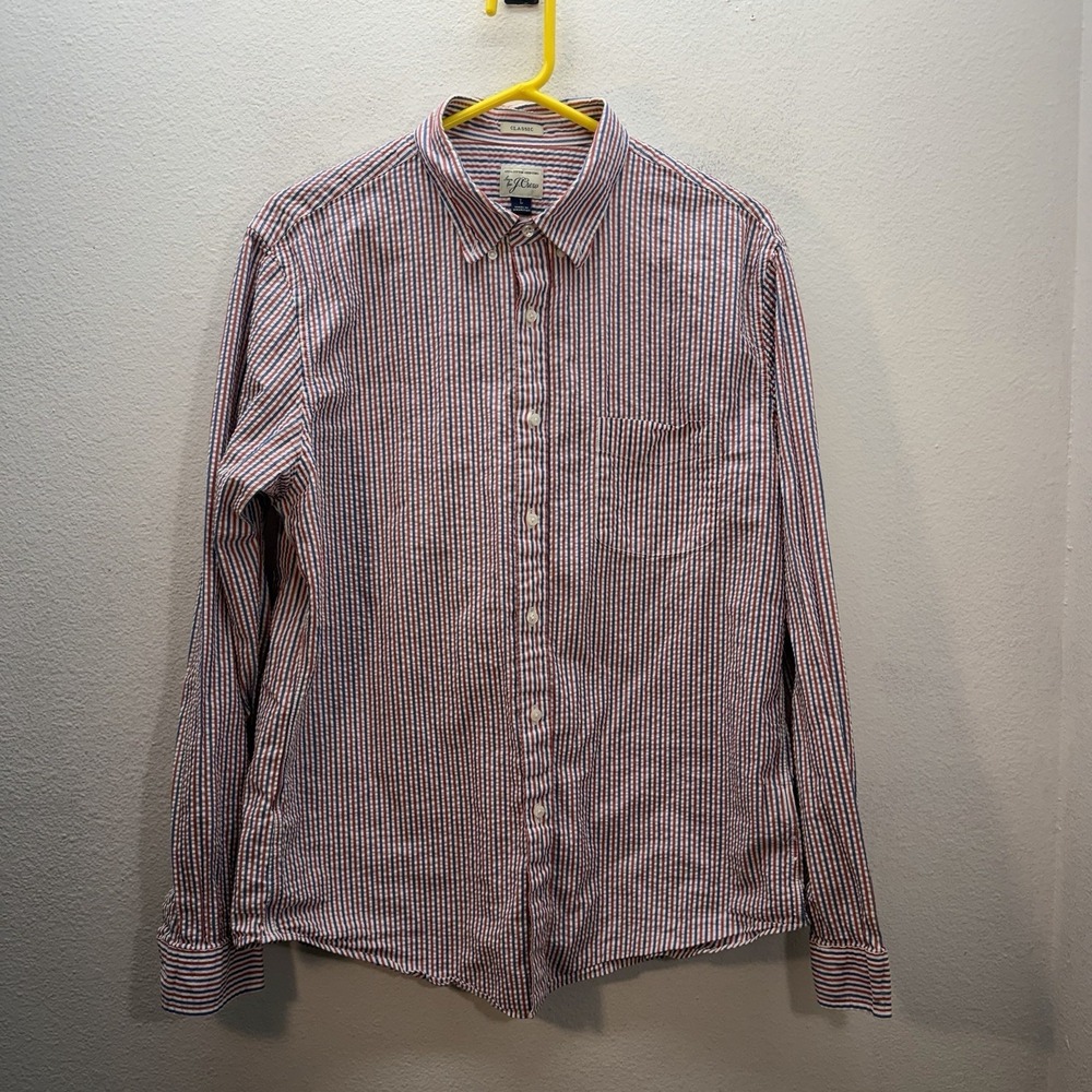 J.Crew Shirt Mens L Classic Seersucker Button Down Red White Blue Stripe Collar